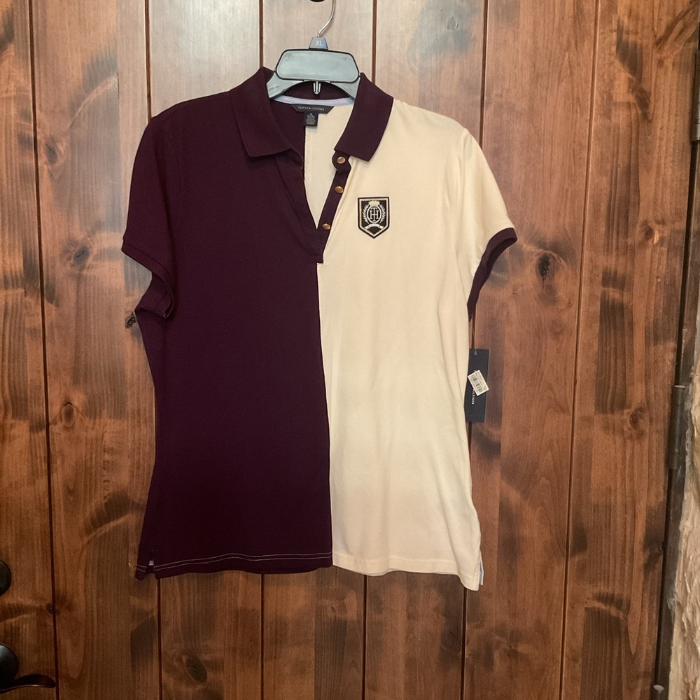 Tommy Hilfiger Split Plum and Cream Polo with Crest